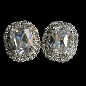 Emerald cut CZ Double Halo stud earrings